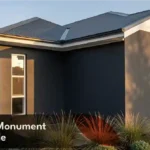 Colorbond Monument colour on modern exterior walls, roofing and architectural finishes
