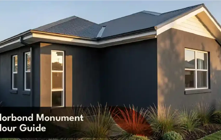 Colorbond Monument colour on modern exterior walls, roofing and architectural finishes