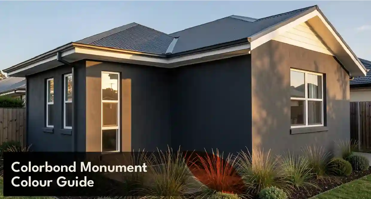 Colorbond Monument colour on modern exterior walls, roofing and architectural finishes